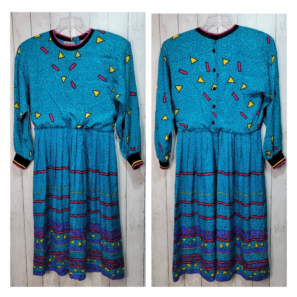 Vintage Adrianna Papell Women's 100% Silk Geometric Print Dress Size 8 80's.